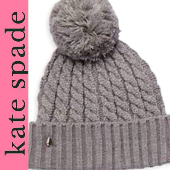 Kate Spade Knit Cable Pom Beanie- Heather Grey